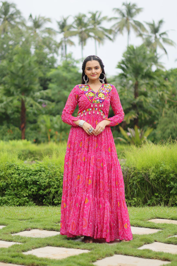 Lorenvalley Pink Faux Georgette Bandhani Print Work With Kutchi Patch Work Gown - Distacart