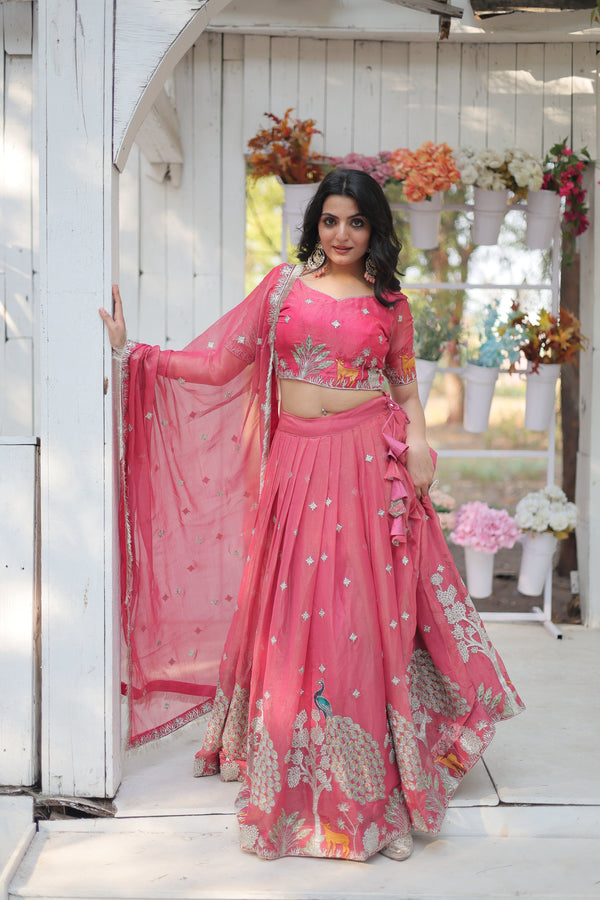 Lorenvalley Pink Gold Coin Fabric with Sequins and Thread Embroidered work Lehenga Choli with Dupatta - Distacart