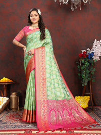 Thumbnail for Lorenvalley Fashion Pista Organza Silk Woven Design with Rich Meenakari Weaving Pallu Saree