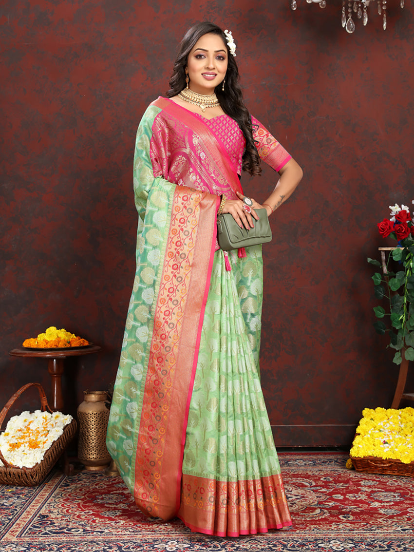 Lorenvalley Fashion Pista Organza Silk Woven Design with Rich Meenakari Weaving Pallu Saree