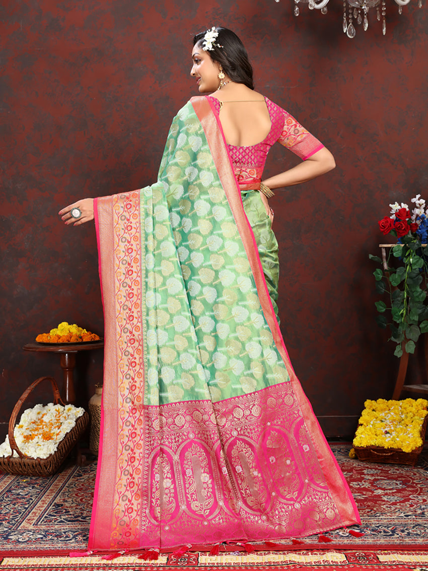 Lorenvalley Fashion Pista Organza Silk Woven Design with Rich Meenakari Weaving Pallu Saree - Distacart
