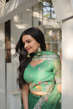 Thumbnail for Lorenvalley Pista Gold Coin Fabric with Sequins and Thread Embroidered work Lehenga Choli with Dupatta - Distacart