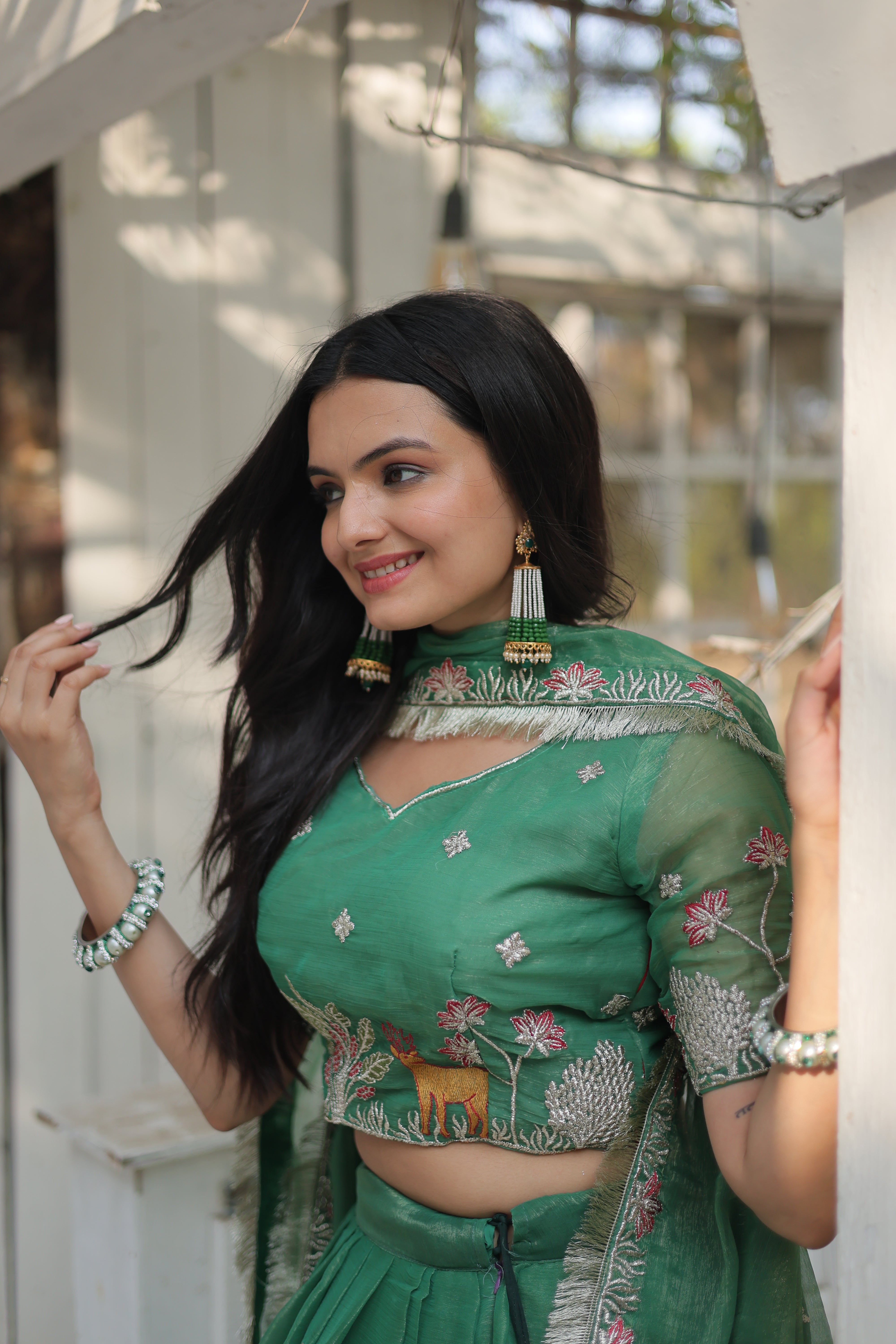 Lorenvalley Pista Gold Coin Fabric with Sequins and Thread Embroidered work Lehenga Choli with Dupatta - Distacart