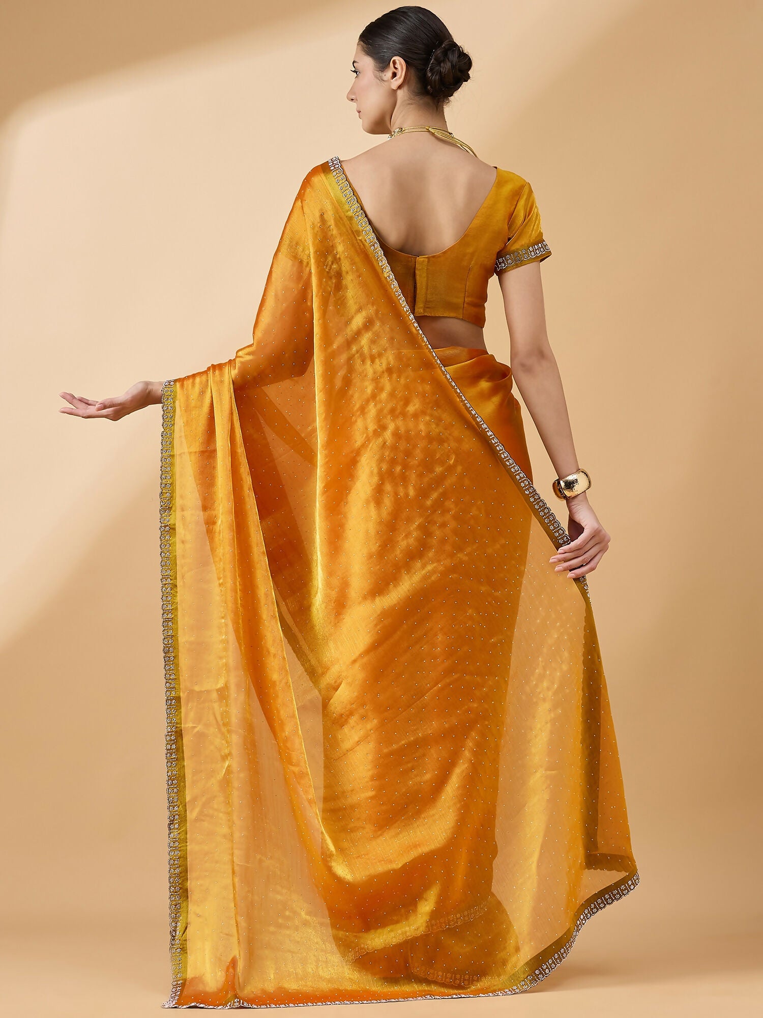 Mustard Organza Swaroski Diamond Work Saree with Unstitched Blouse - Radha - Distacart