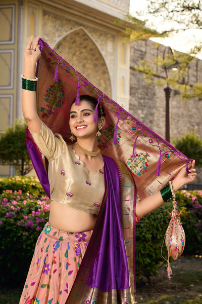 Vastranavya Traditional Jacquard Silk Paithani Lehenga Choli - Peach - Distacart