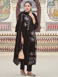 Thumbnail for Aastha Fashion Women's Brown Velvet Resham Thread with Jari & Sequin Kurta with Trouser & Dupatta - Distacart