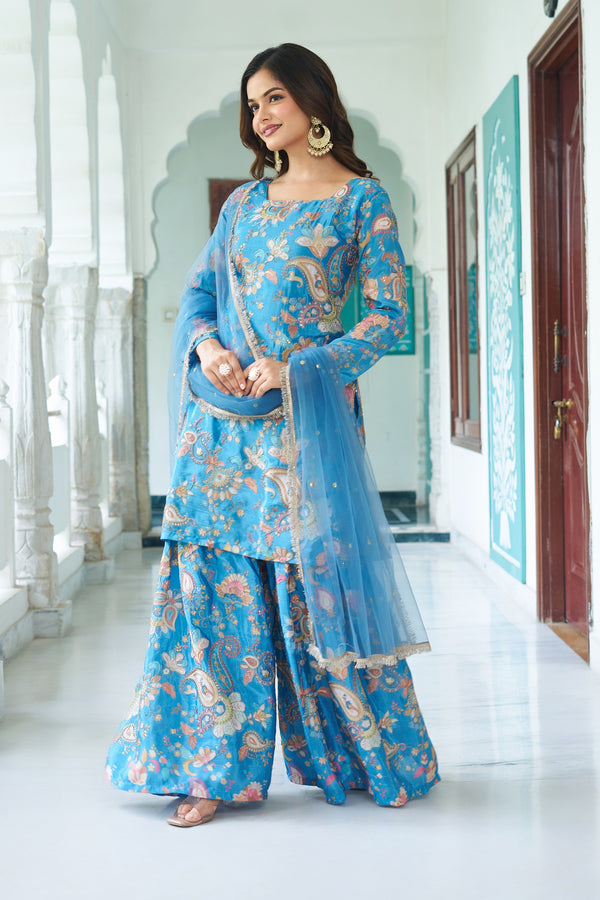 Teeya Creation Multi Color Chinnon Silk With Heavy Embroidery With Positiona Print Fully Stitched Sharara Suit - Distacart