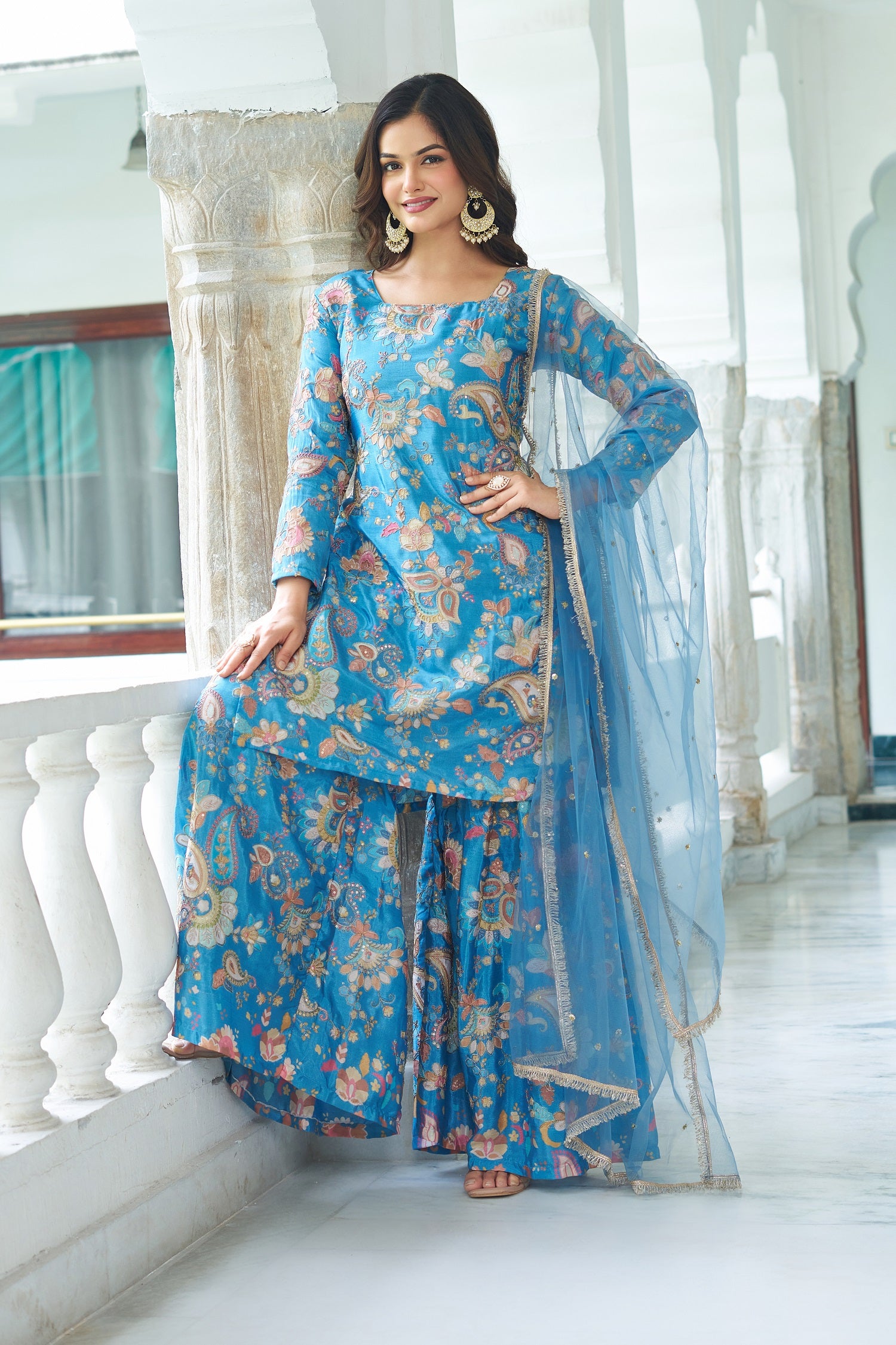 Teeya Creation Multi Color Chinnon Silk With Heavy Embroidery With Positiona Print Fully Stitched Sharara Suit - Distacart