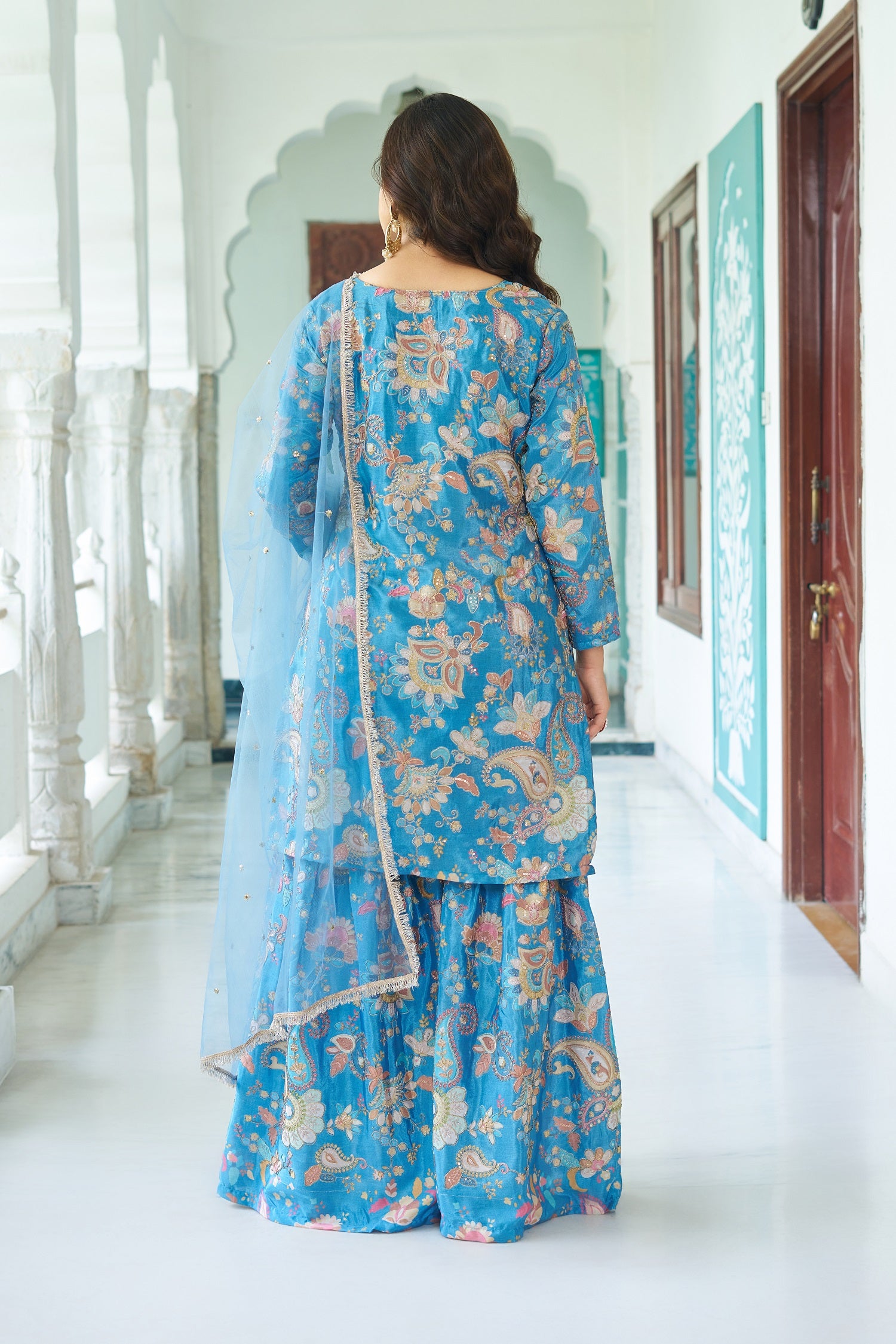 Teeya Creation Multi Color Chinnon Silk With Heavy Embroidery With Positiona Print Fully Stitched Sharara Suit - Distacart