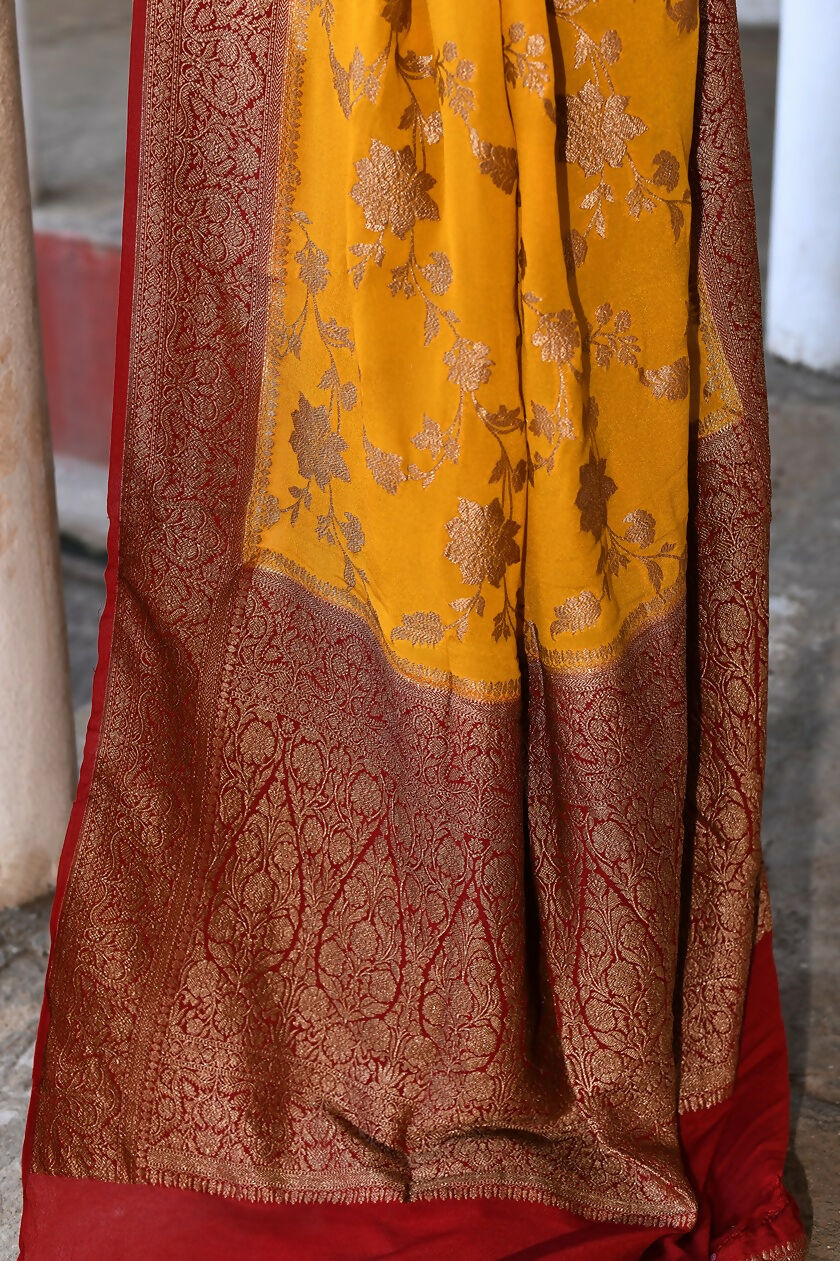 Joban Fashion Yellow Crepe Chiffon Pure Handloom Banarasi Silk Saree