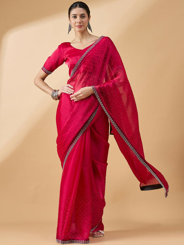 Pink Organza Swaroski Diamond Work Saree with Unstitched Blouse - Radha - Distacart
