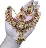 Thumbnail for Jewel City Opulent Lotus Lakshmi Temple Necklace Set - Antique Gold Kundan Bridal Jewelry with Ruby and Emerald Accents