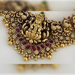 Thumbnail for Jewel City Antique Gold Lakshmi Temple Choker Set - Traditional South Indian Necklace with Matching Jhumkas (Kemp Ruby Stone Collection)