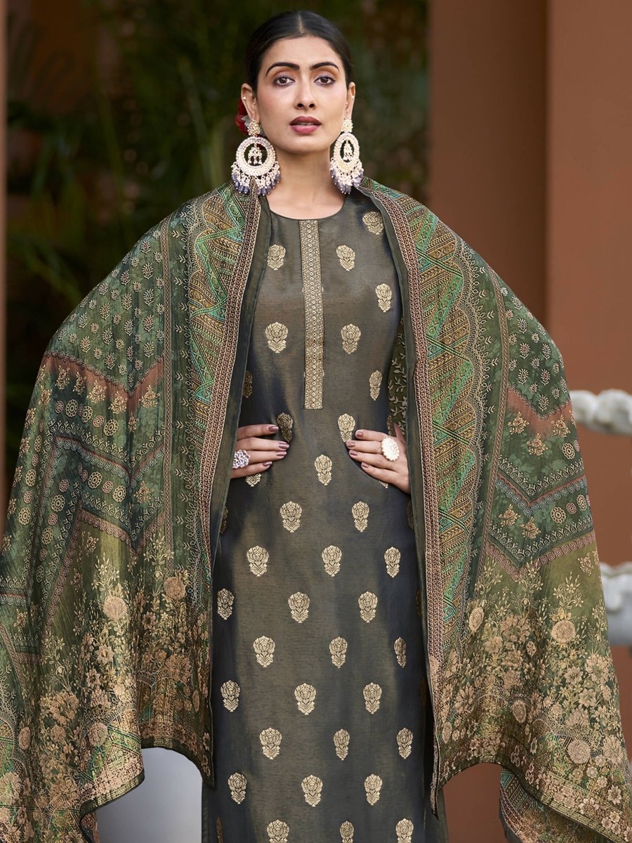 Aastha Fashion Women's Green Pure Silk Elegant Jacquard Woven Kurta with Trouser & Dupatta - Distacart