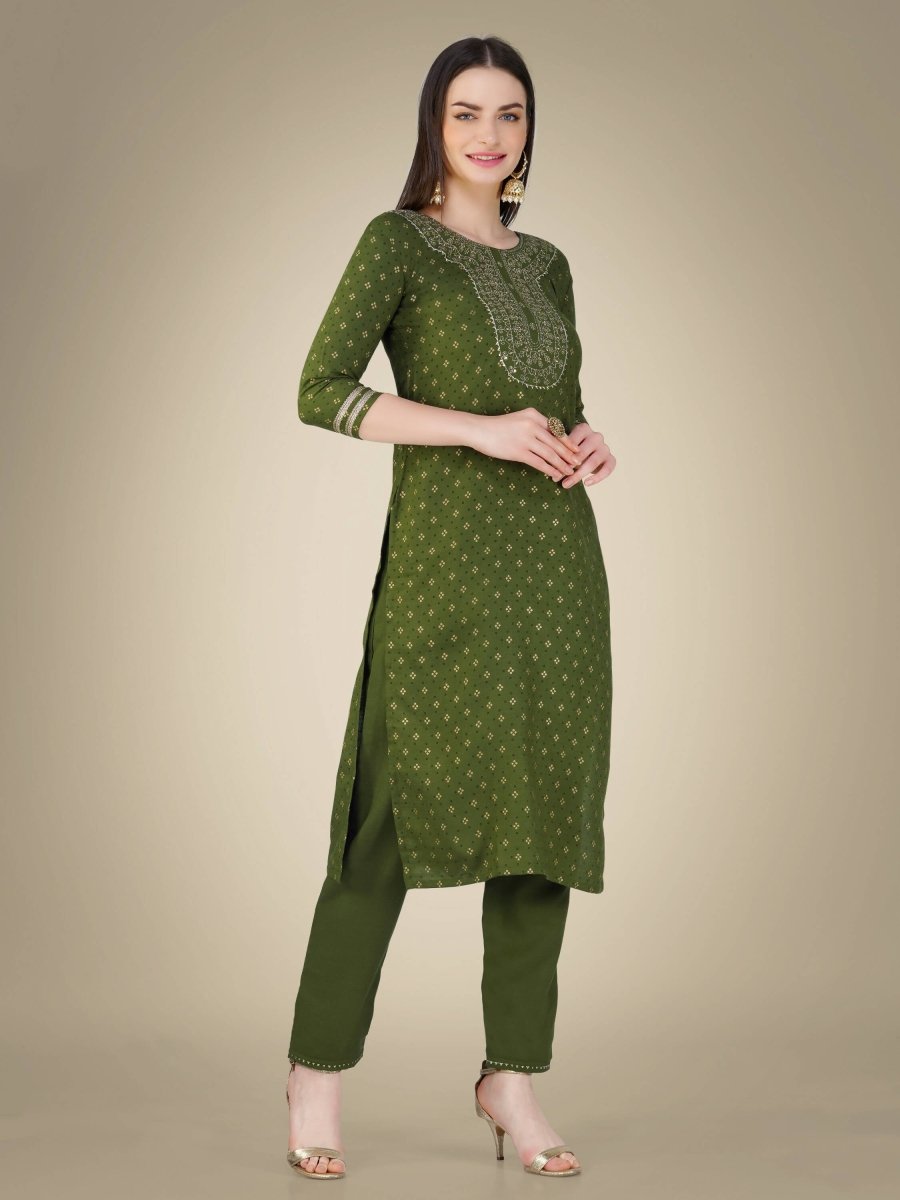 Aastha Fashion Women's Mehendi Cotton Magic Slub Embroidery & Sequence Work Kurta with Trouser & Dupatta - Distacart