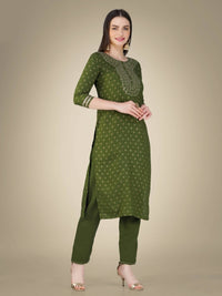 Thumbnail for Aastha Fashion Women's Mehendi Cotton Magic Slub Embroidery & Sequence Work Kurta with Trouser & Dupatta - Distacart