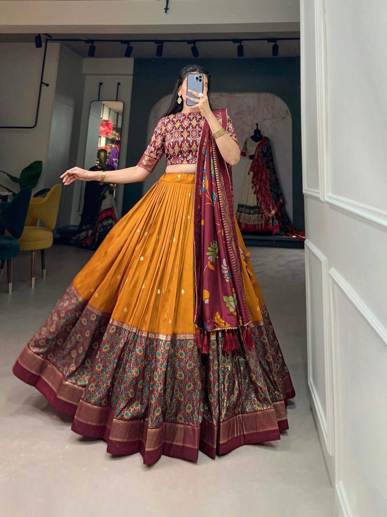 Vastranavya Stunning Look Tussar Silk Printed With Foil Work Indian Lehenga Choli - Mustard