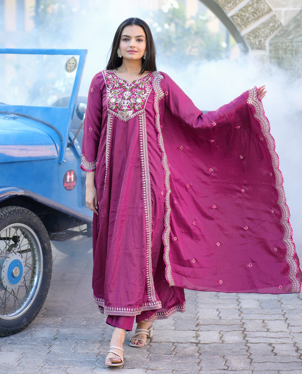 Lehenga Mart Designer Chinon Gown With Coding Sequence Embroidered Work - Purple - Distacart