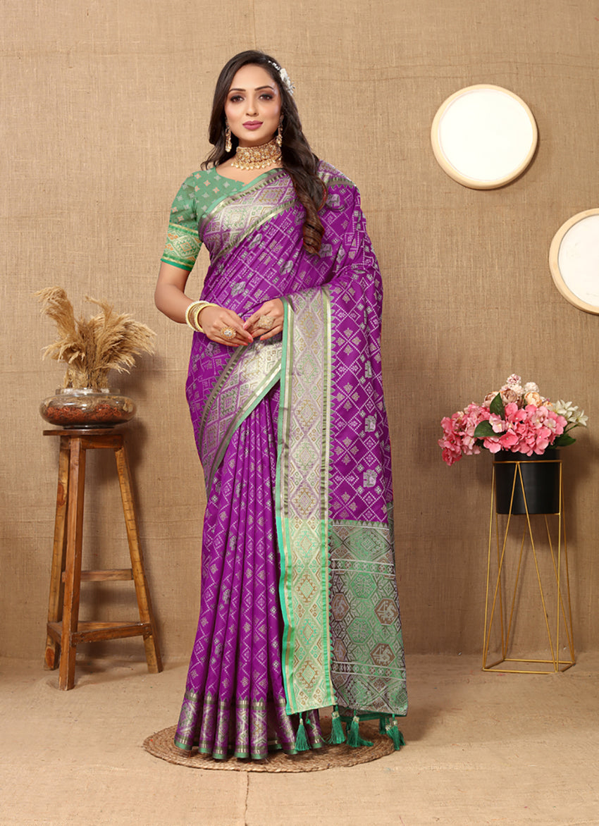 Lorenvalley Fashion Purple Patola Silk Woven Design with Zari Meenakari Weaving motifs Pallu Saree