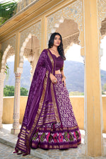 Thumbnail for Lorenvalley Purple Tussar Silk Ikkat Print With Foil Work Lehenga Choli with Dupatta - Distacart