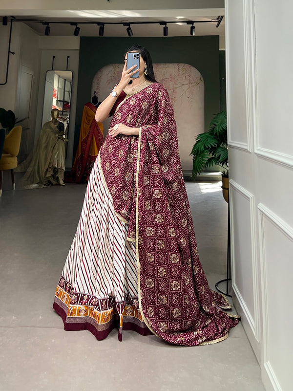 Lorenvalley White And Purple Pure Cotton Leheriya With Patola Print Lehenga Choli With Dupatta - Distacart