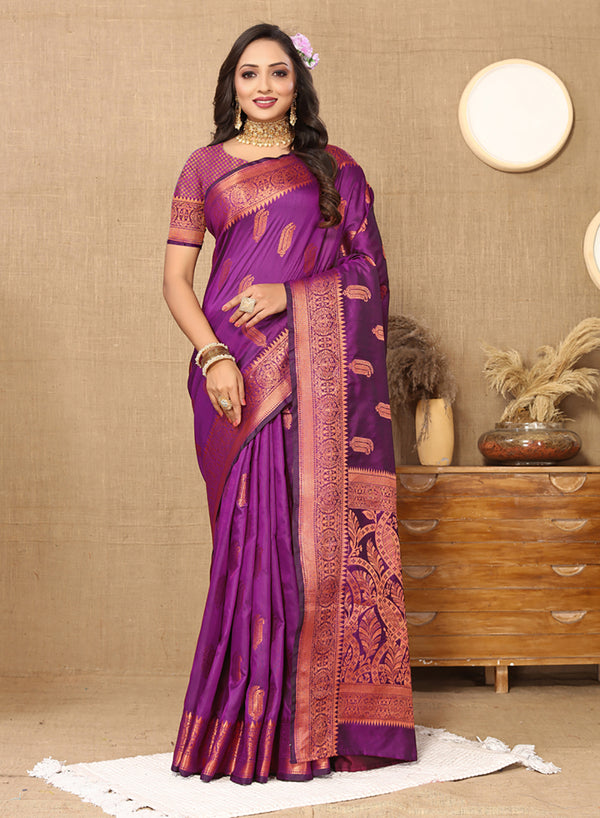 Lorenvalley Fashion Purple Soft Katan Silk Woven Design Copper Zari Weaving Saree - Distacart