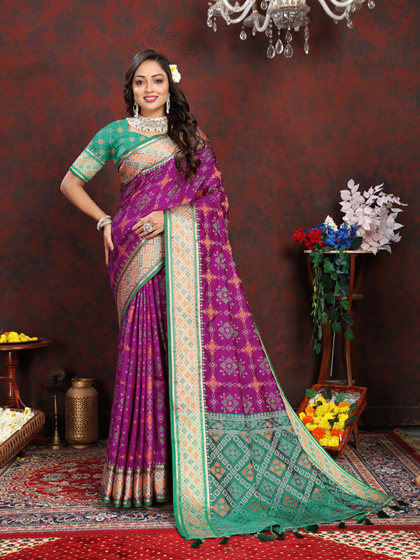 Lorenvalley Fashion Purple Patola Silk Woven Design with Zari Meenakari Weaving motifs Pallu Saree - Distacart