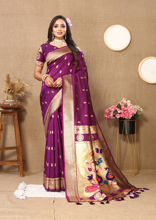 Lorenvalley Fashion Purple Soft Paithani Silk Woven Design Rich Zari Meenakari Weaving Saree - Distacart