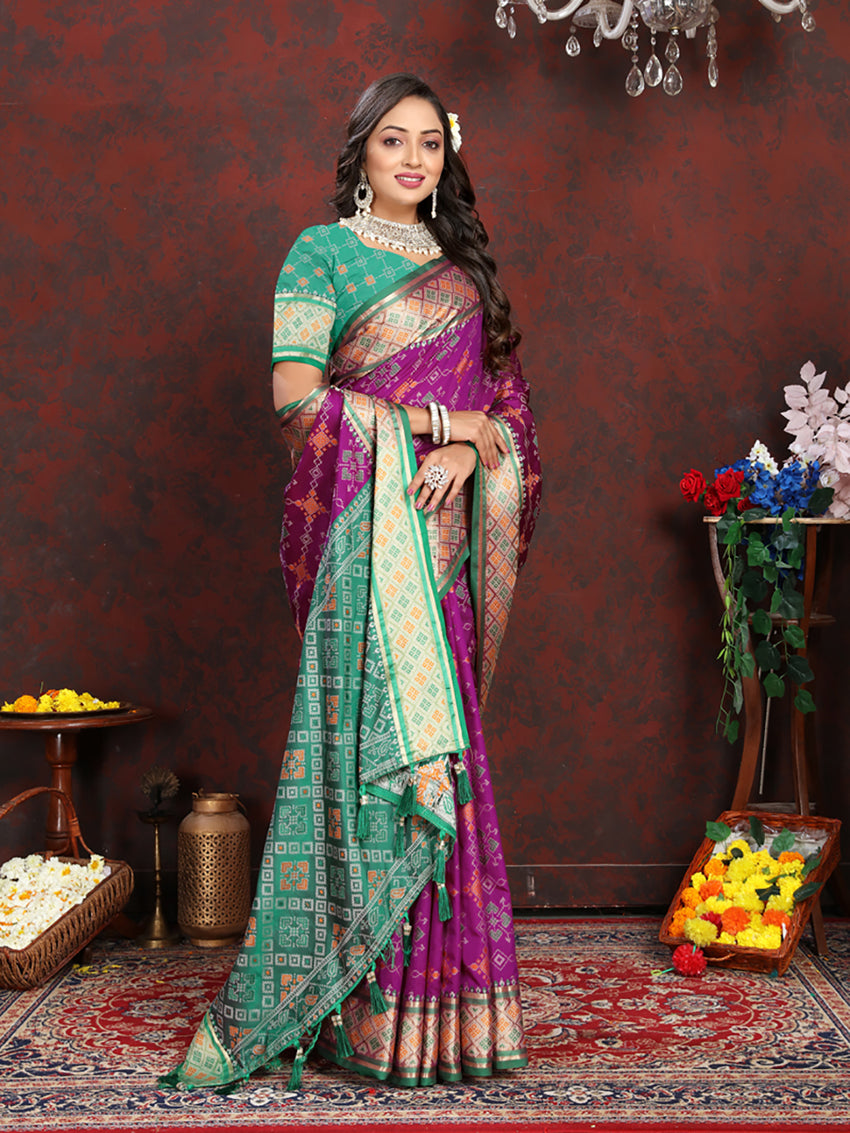 Lorenvalley Fashion Purple Patola Silk Woven Design with Zari Meenakari Weaving motifs Pallu Saree - Distacart