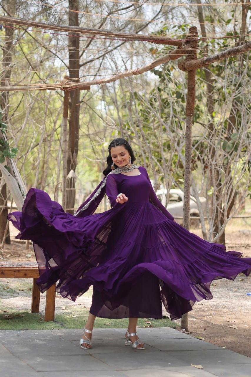 Evanik Purple Faux Blooming Gown With Dupatta With Rich Sequins Embroidered work