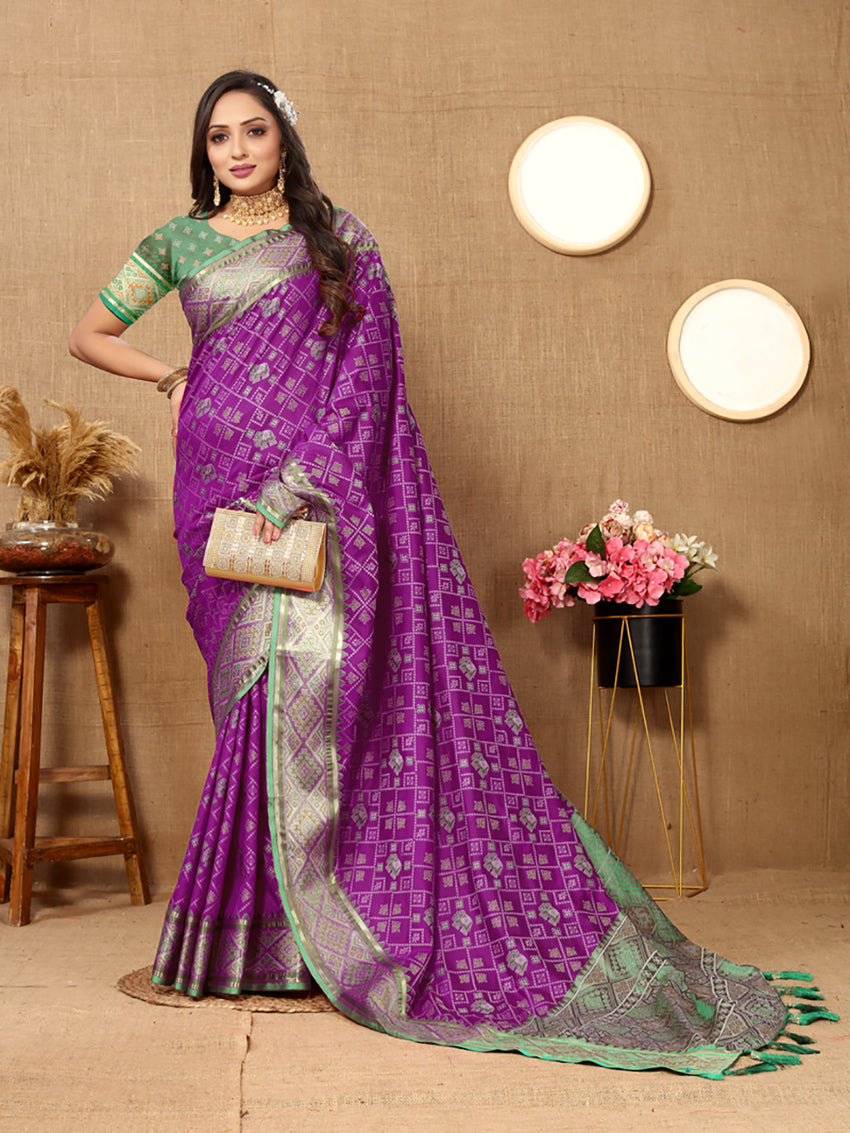 Lorenvalley Fashion Purple Patola Silk Woven Design with Zari Meenakari Weaving motifs Pallu Saree
