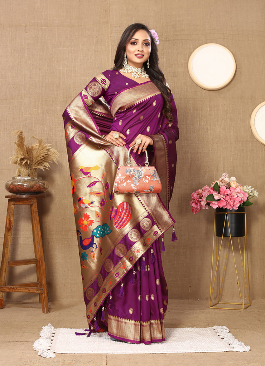 Lorenvalley Fashion Purple Soft Paithani Silk Woven Design Rich Zari Meenakari Weaving Saree - Distacart