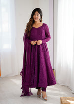 Thumbnail for Lorenvalley Purple Faux Georgette Lukhnowi Sequence Work Anarkali Kurta Pant With Dupatta Set