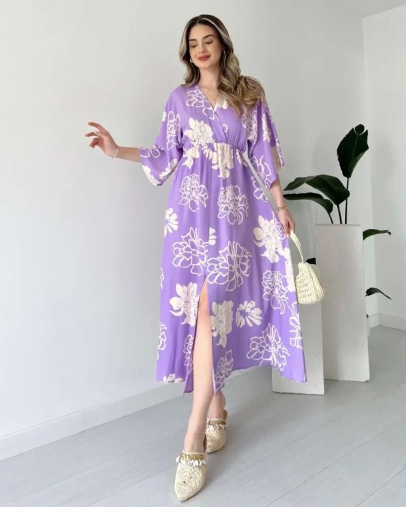 Pimu Front Slit Midi Dresses V-neck Designs For Women Party Wear - Purple