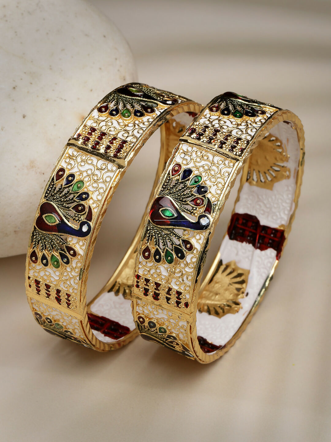 NVR Women's Set of 2 Gold-Plated Peacock Design Meenakari Handcrafted Bangles - Distacart