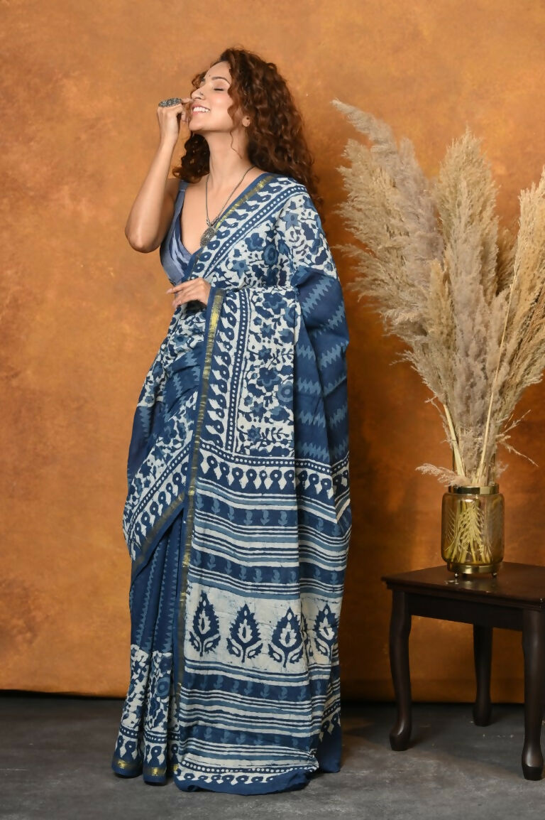 Very Much Indian Handblock Printed Cotton Saree With Natural Dyes - Blue - Distacart
