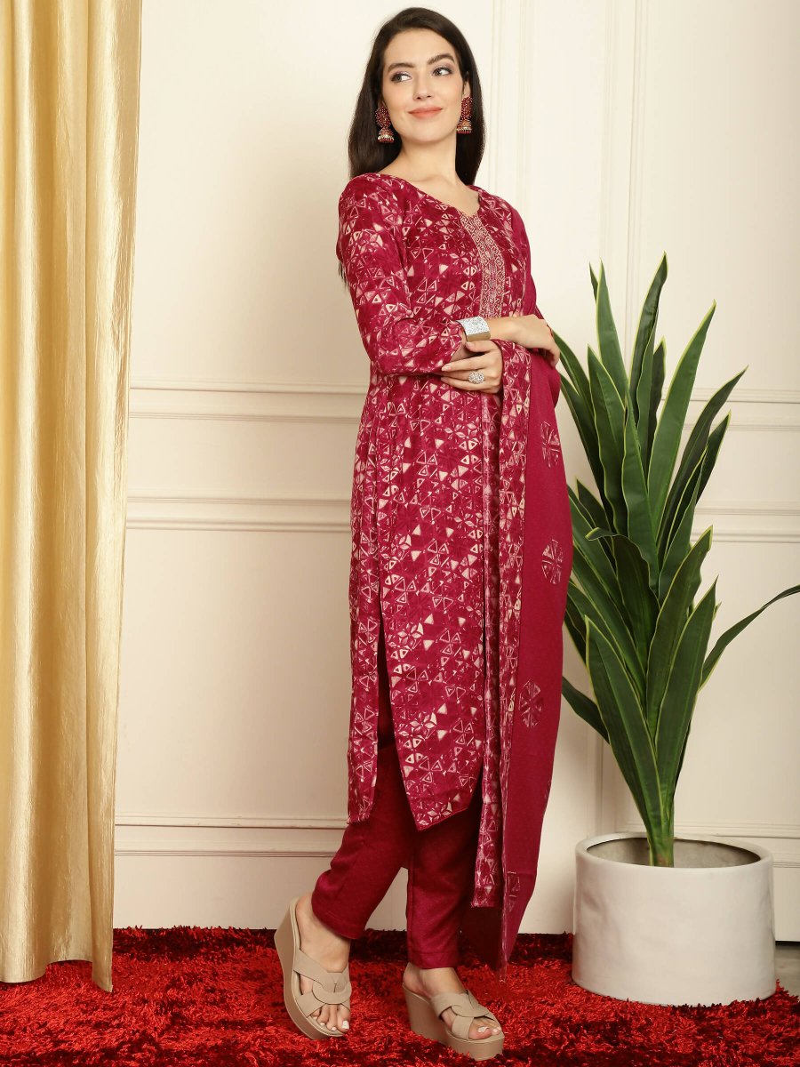 Aastha Fashion Women's Red Pashmina Floral Digital Printed Kurta with Trouser & Dupatta - Distacart