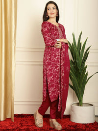 Thumbnail for Aastha Fashion Women's Red Pashmina Floral Digital Printed Kurta with Trouser & Dupatta - Distacart
