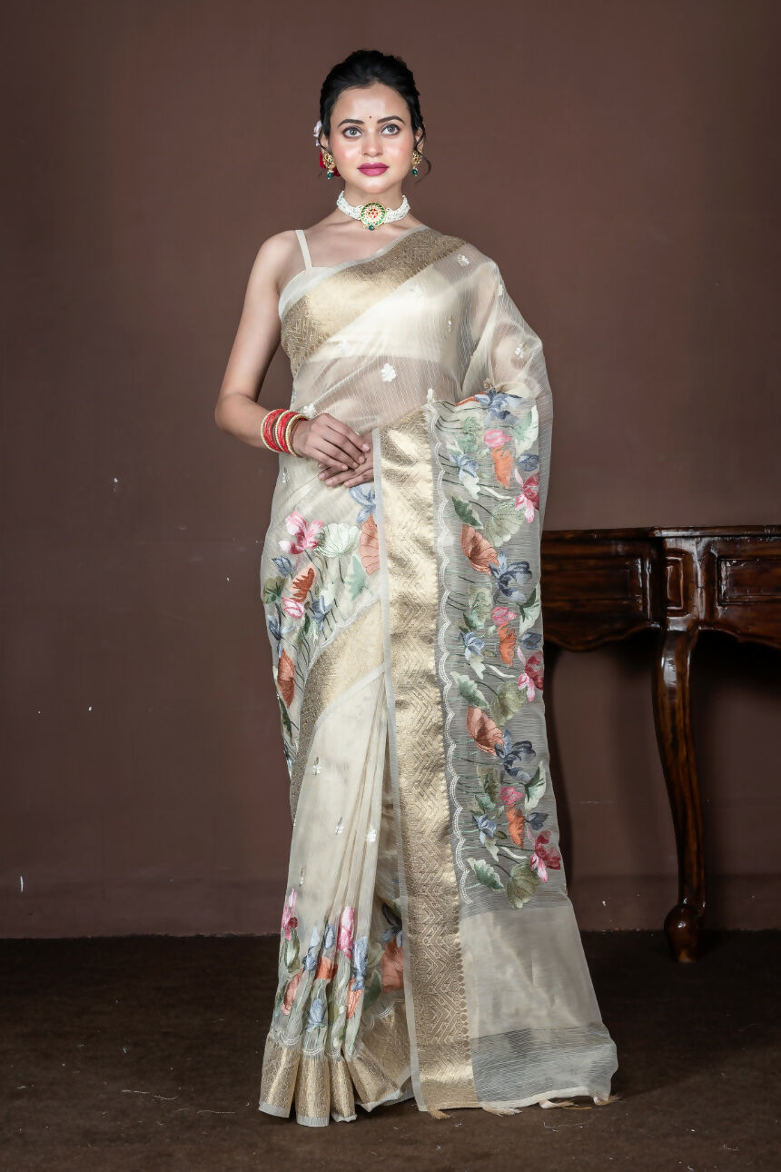 Morchari Beige Banarasi Tissue Computer Embroidery Saree Unstitched Blouse