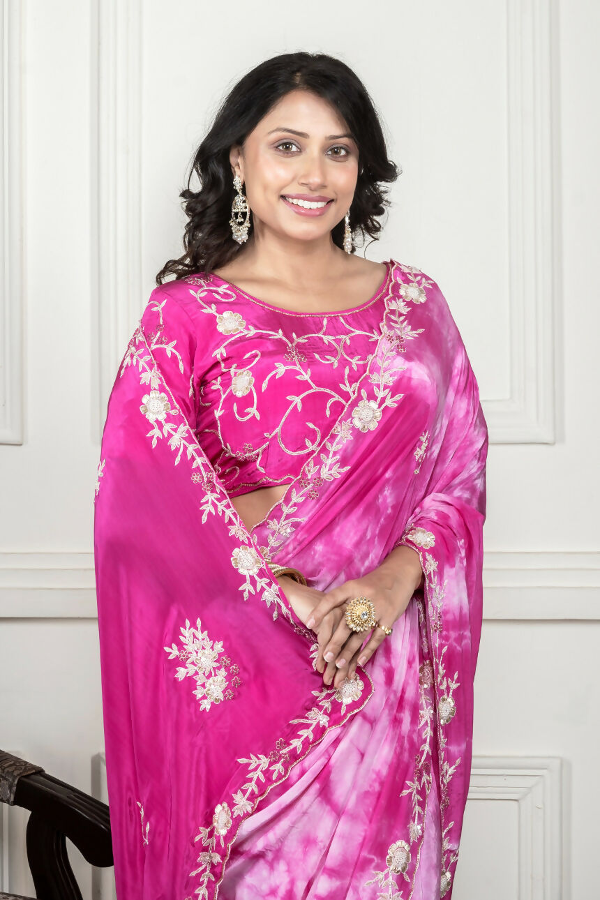 Morchari Pink Crepe Hand Embroidery Saree And Stitched Blouse