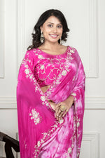 Thumbnail for Morchari Pink Crepe Hand Embroidery Saree And Stitched Blouse
