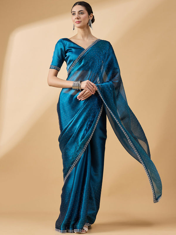 Teal Organza Swaroski Diamond Work Saree with Unstitched Blouse - Radha - Distacart