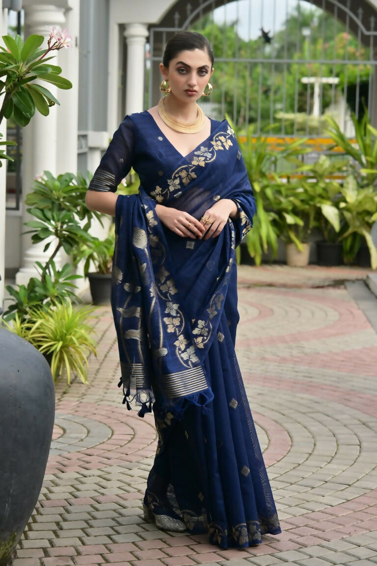Vishnu Weaves Women's Blue Linen Silk Zari Weaving Saree with Blouse