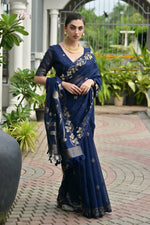 Thumbnail for Vishnu Weaves Women's Blue Linen Silk Zari Weaving Saree with Blouse