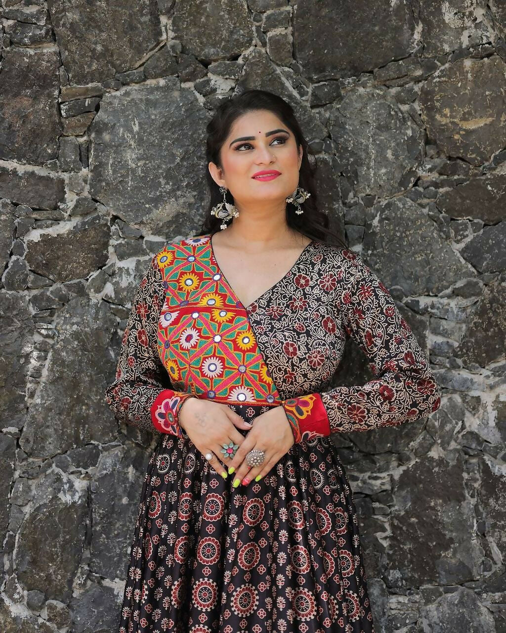 Preksha Creation Exclusive For Navratri Wear Rayon Printed With Mirror Work Gown - Black