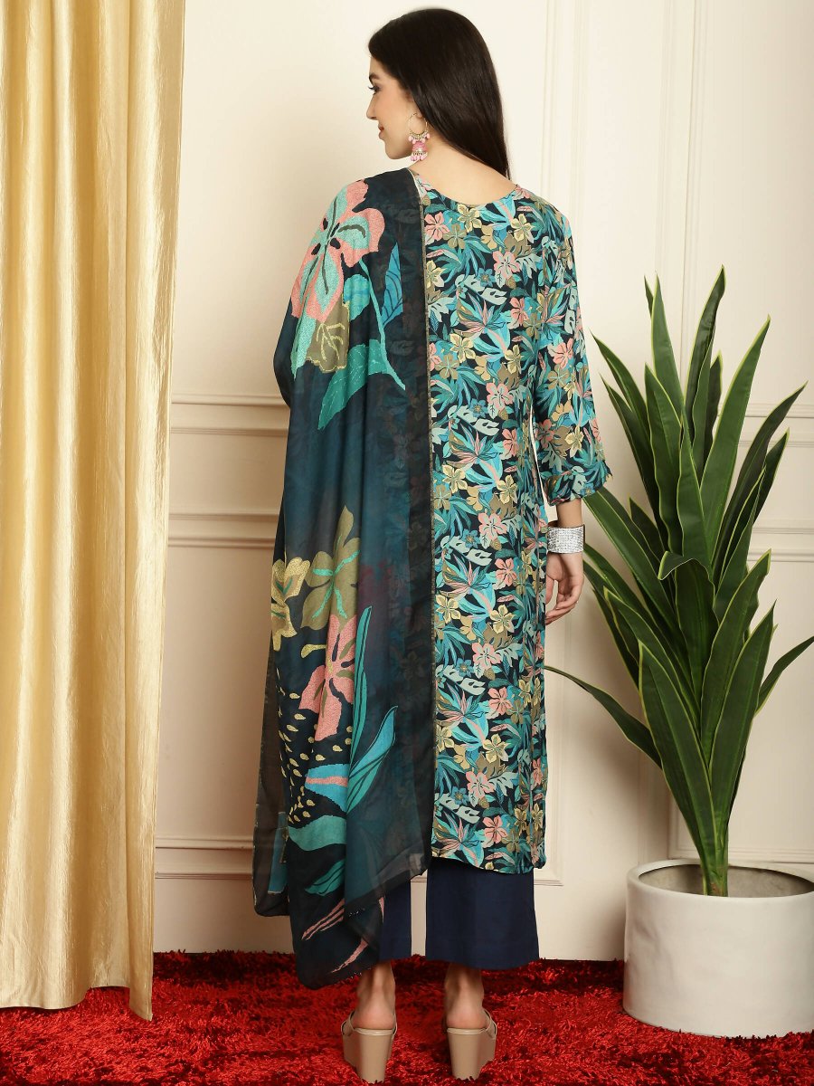 Aastha Fashion Women's Navy Blue Muslin Digital Printed with Embroidered Lace work Kurta with Trouser & Dupatta - Distacart