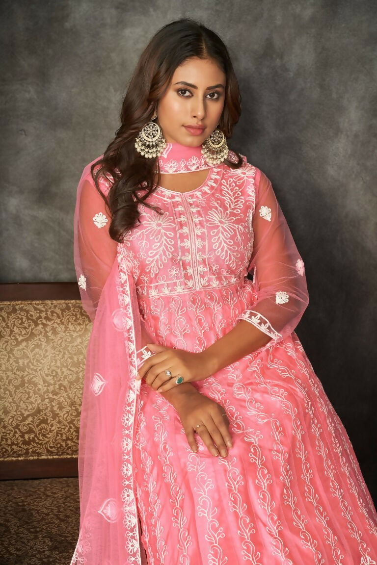 Jyoti Fashion Women's Baby Pink Net Embroidered Anarkali Kurta Pant Set With Dupatta