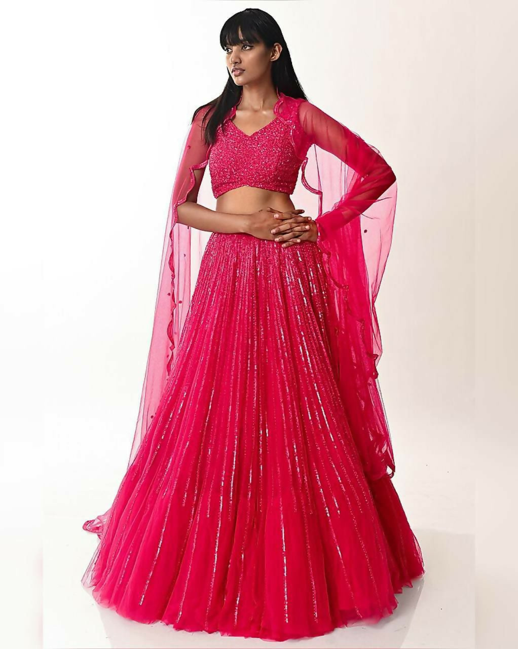 Jyoti Fashion Women's Rani Pink Double Layer Net Sequins Designer Lehenga Choli Set