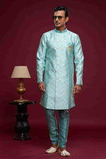 Thumbnail for Raivat Ethnic Banarasi Jacquard Embroidery Semi Indo Western Sherwani In Sky Blue Colour