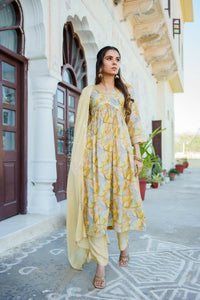 Thumbnail for Vaasva Women Yellow Muslin Embroidered Kurta, Pant & Dupatta Set - Distacart